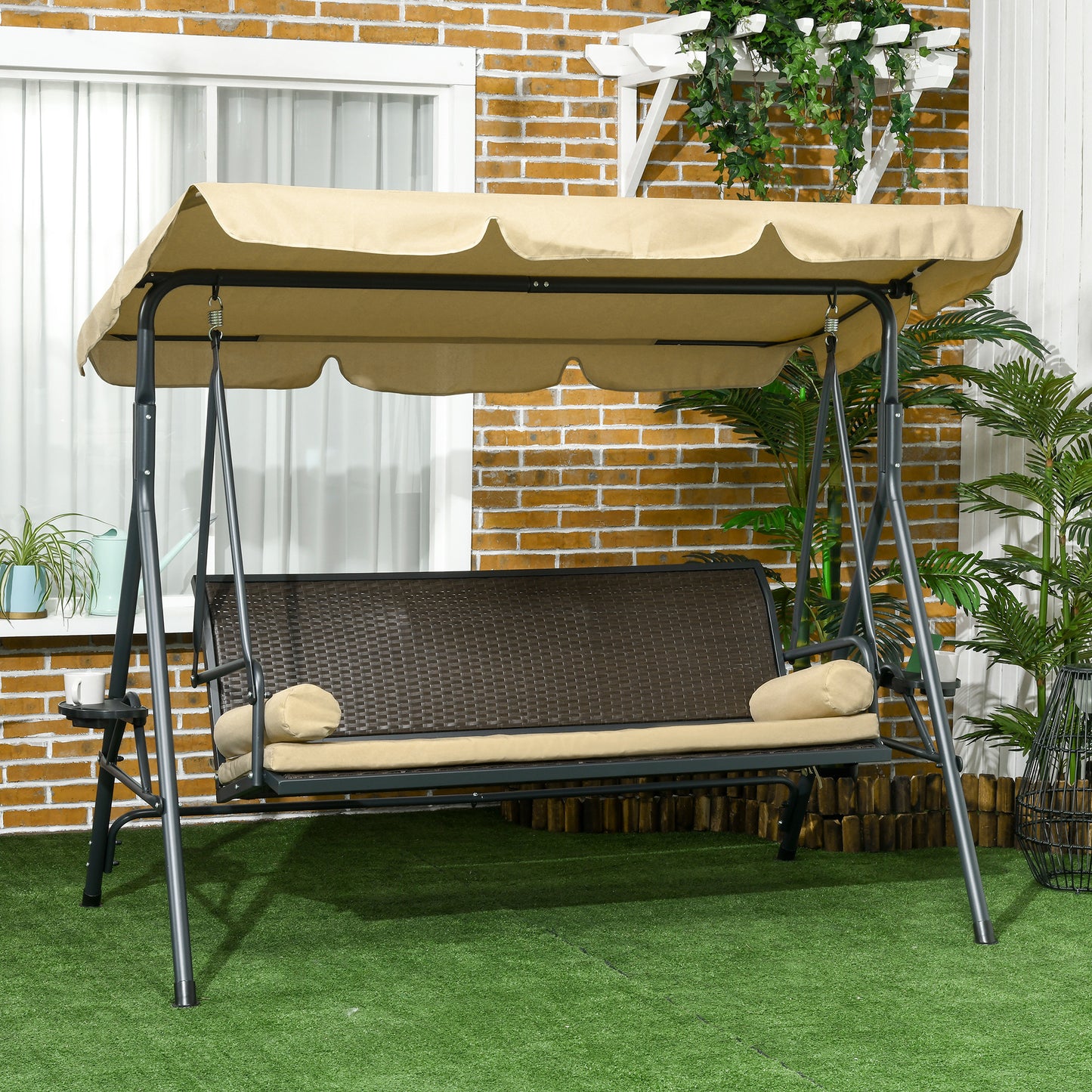 Outdoor 3-Seat Porch Swing with Canopy: Rattan Seat, Removable Cushion, Pillows, Steel Frame for Patio Comfort Kids Crystal