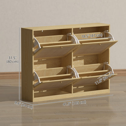Narrow Shoe Storage Cabinet, Rattan Shoe Cabinet with 4 Flip Drawers and Adjustable Shelves for 20 Pairs, Oak