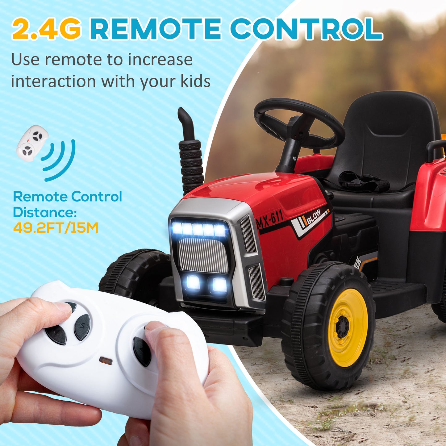 12V Kids Ride-On Tractor with Trailer Remote Control Music Startup Sound Horn USB LED Lights Red Kids Crystal
