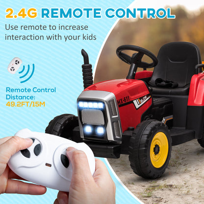 12V Kids Ride-On Tractor with Trailer Remote Control Music Startup Sound Horn USB LED Lights Red