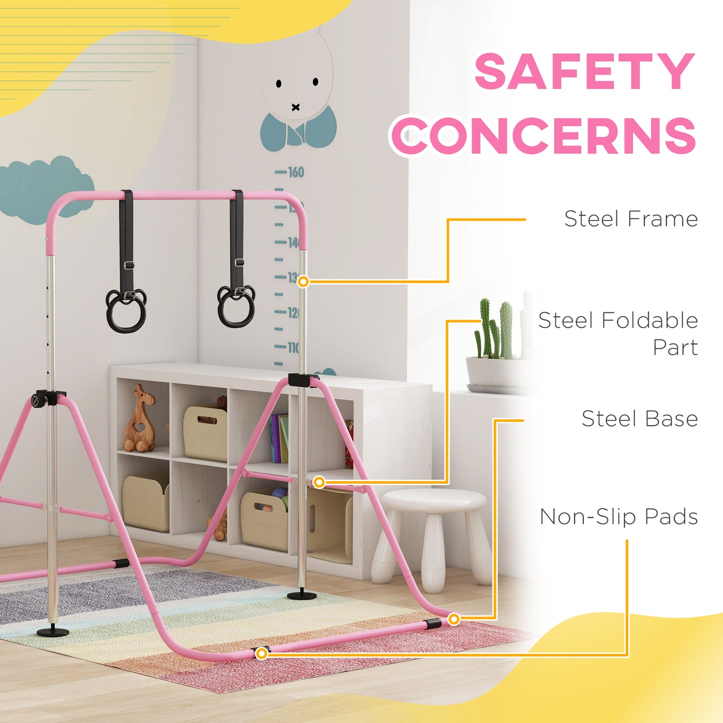 Kids Gymnastics Bar, Adjustable Height Folding Horizontal Bar with Gymnastics Rings, Non-slip Rubber Floor Rings, Pink Kids Crystal