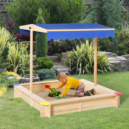 Kids Wooden Sandbox, Play Station for Children Outdoor, with Adjustable Canopy Shade, Seats, for Backyard, Beach