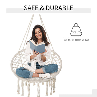 Hammock Chair Hanging Rope Swing Indoor Outdoor Backrest Cotton Polyester Fringe Tassels Cream White