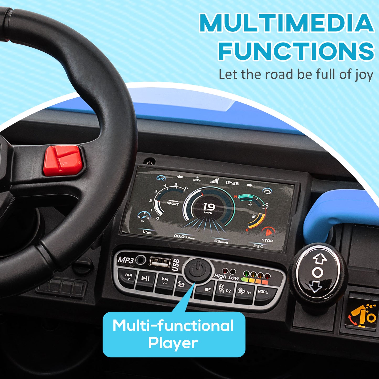 12V Ride-On Car 2-Seater Electric Bucket Shovel Remote Control Spring Suspension Horn Music Blue Kids Crystal