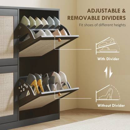 Narrow Shoe Storage Cabinet, Rattan Shoe Cabinet with 4 Flip Drawers and Adjustable Shelves for 20 Pairs, Black