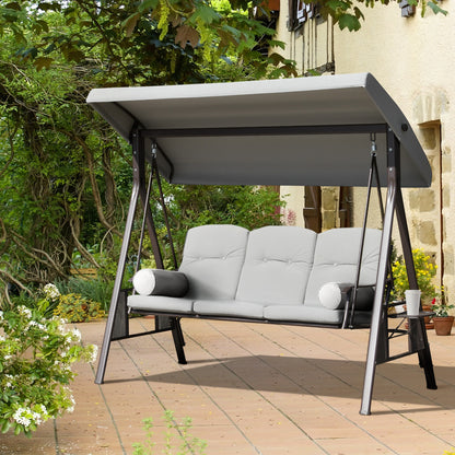 Outdoor Patio 3-Person Steel Canopy Cushioned Seat Bench Swing with Included Side Trays & Padded Comfort, Light Grey