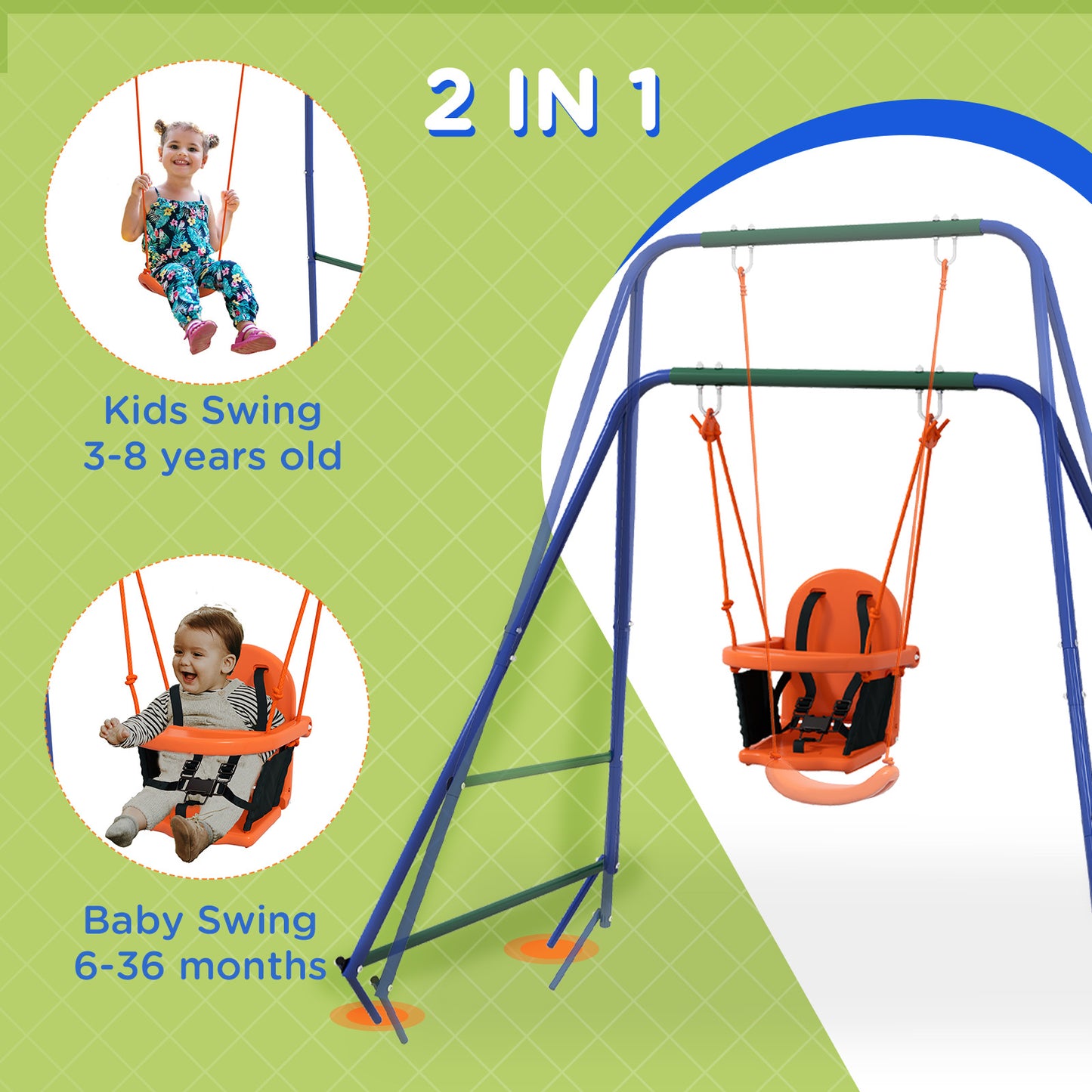 Heavy Duty Kid Swing Set with Safety Harness, Suitable for Babies 6 Months+, Indoor/Outdoor Use, Vibrant Orange Kids Crystal