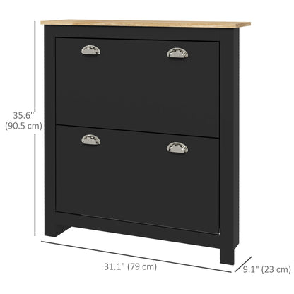 Entryway Shoe Storage Cabinet: 2 Flip Drawers, Adjustable Shelves, 12 Pair Organizer for Hallway, Black