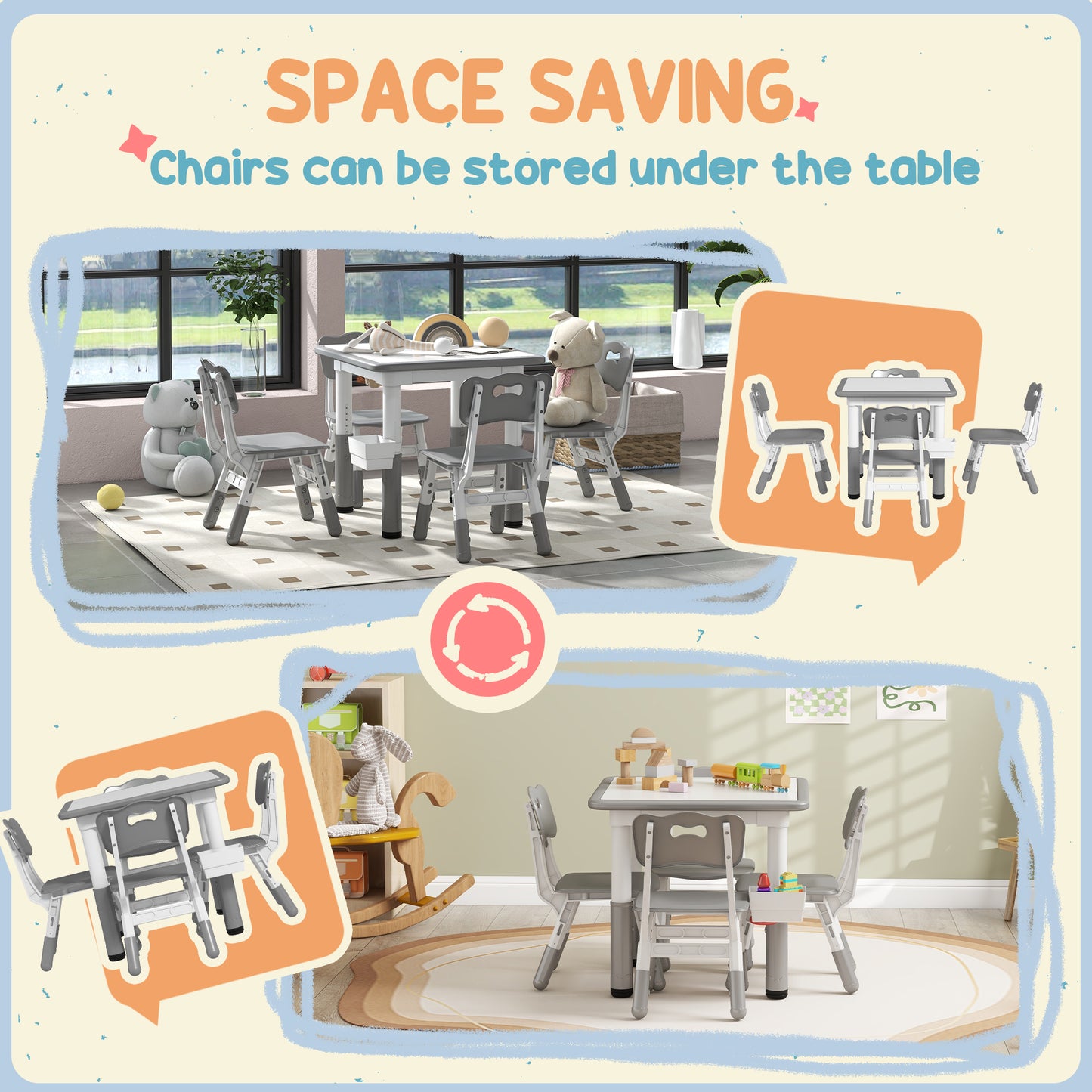 5 Piece Toddler Table Chair Set Height Adjustable Activity Set Nursery Classroom Playroom Furniture Grey