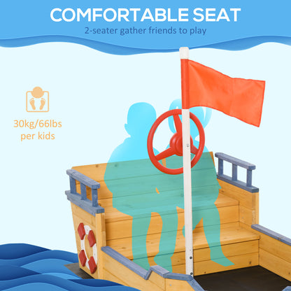 Pirate Ship Sandbox Wooden Outdoor Playset for Kids Backyard Play Station Bench Seat Storage Flag