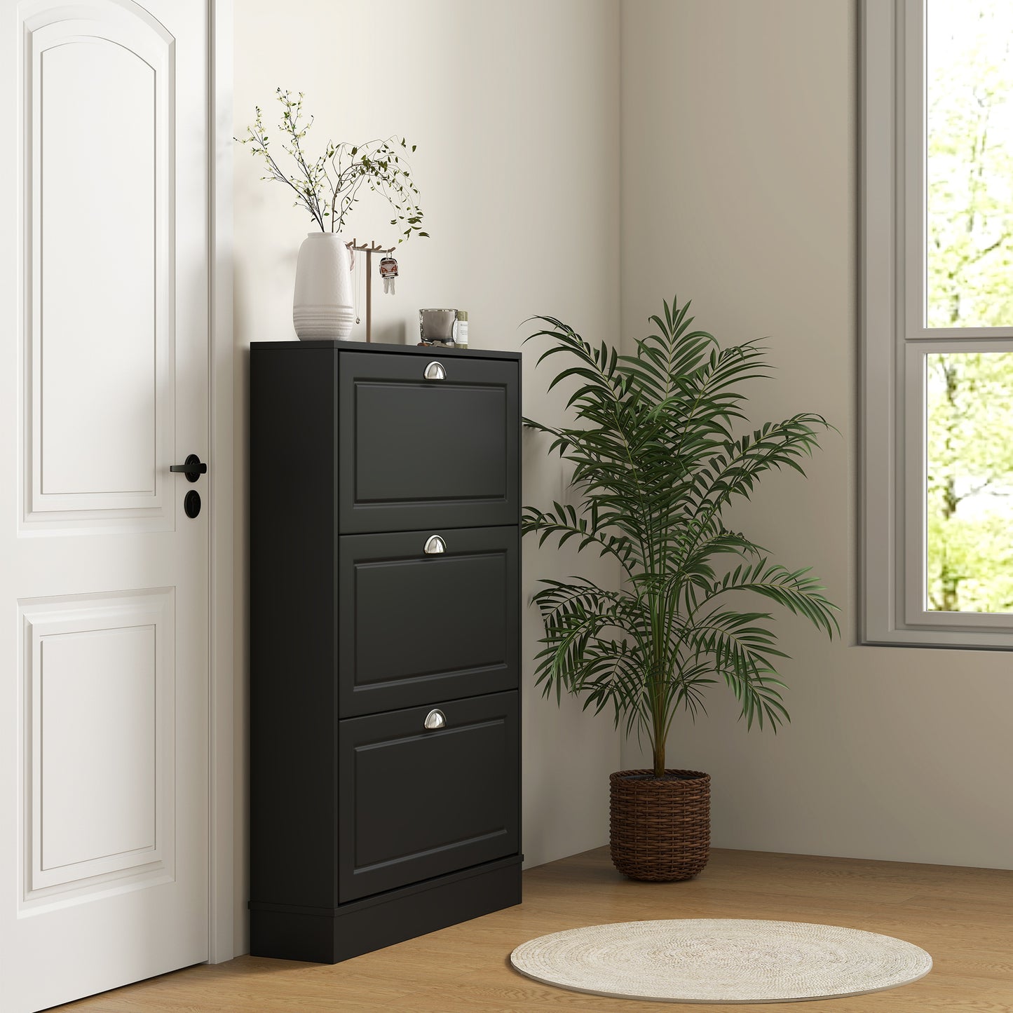 Shoe Cabinet with 3 Flip Drawers, Narrow Shoe Storage Cabinet, Holds 12 Pairs for Entryway, Hallway, Black Kids Crystal