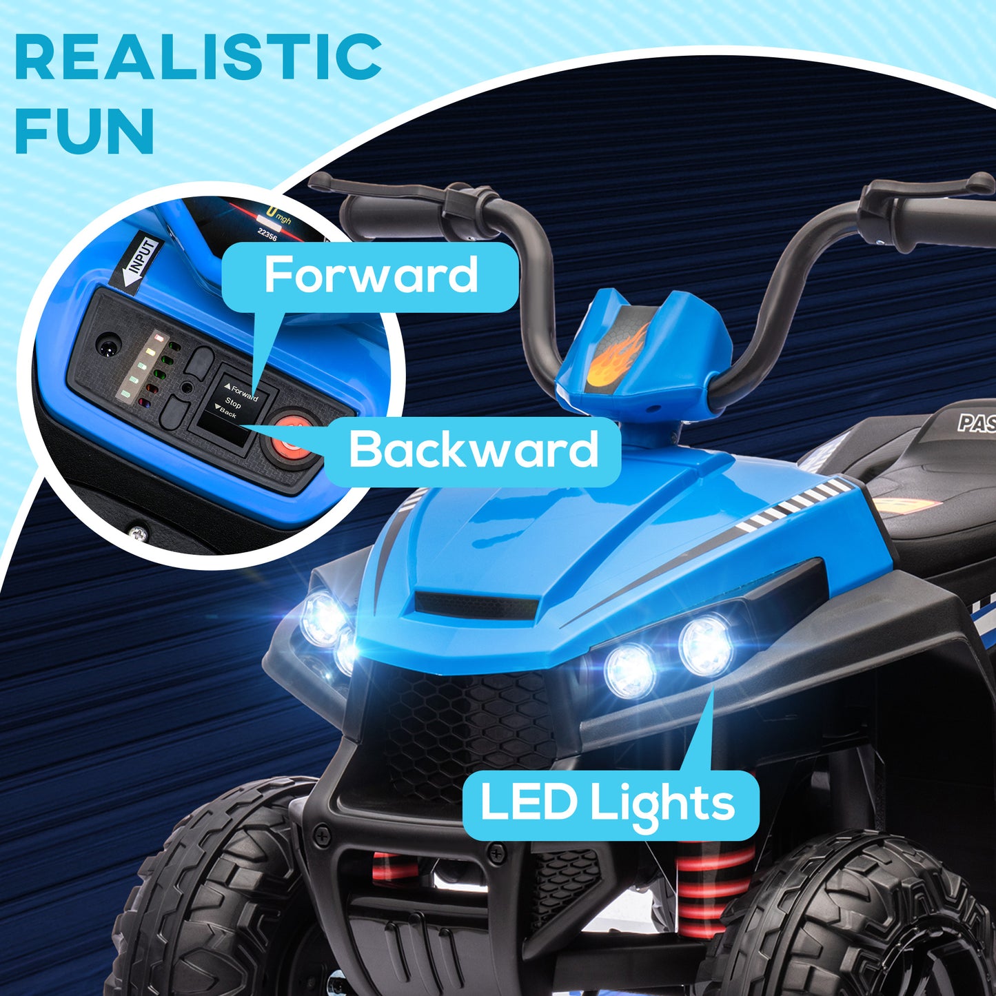 12V Kids ATV with Four Wheels Spring Suspension, Forward & Backward, LED Light, MP3, Music, Blue Kids Crystal