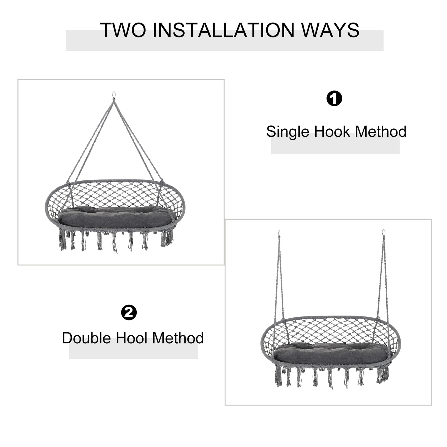 Hanging Chair 2 Seat Metal Swinging Hammock Chair with Cushion & Macrame Net Pattern 396 lbs Capacity Dark Grey Kids Crystal