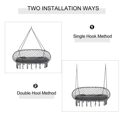 Hanging Chair 2 Seat Metal Swinging Hammock Chair with Cushion & Macrame Net Pattern 396 lbs Capacity Dark Grey
