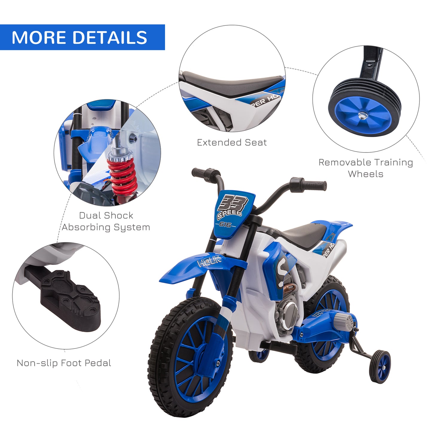 Kids Dirt Bike Electric Ride-On Motorcycle 12V Battery with Charging Training Wheels Blue Kids Crystal