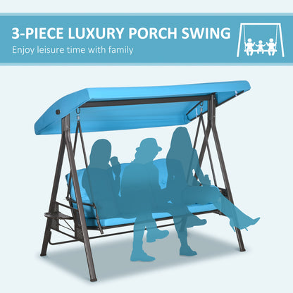 Outdoor Patio 3-Person Steel Canopy Cushioned Seat Bench Swing with Included Side Trays & Padded Comfort, Light Blue