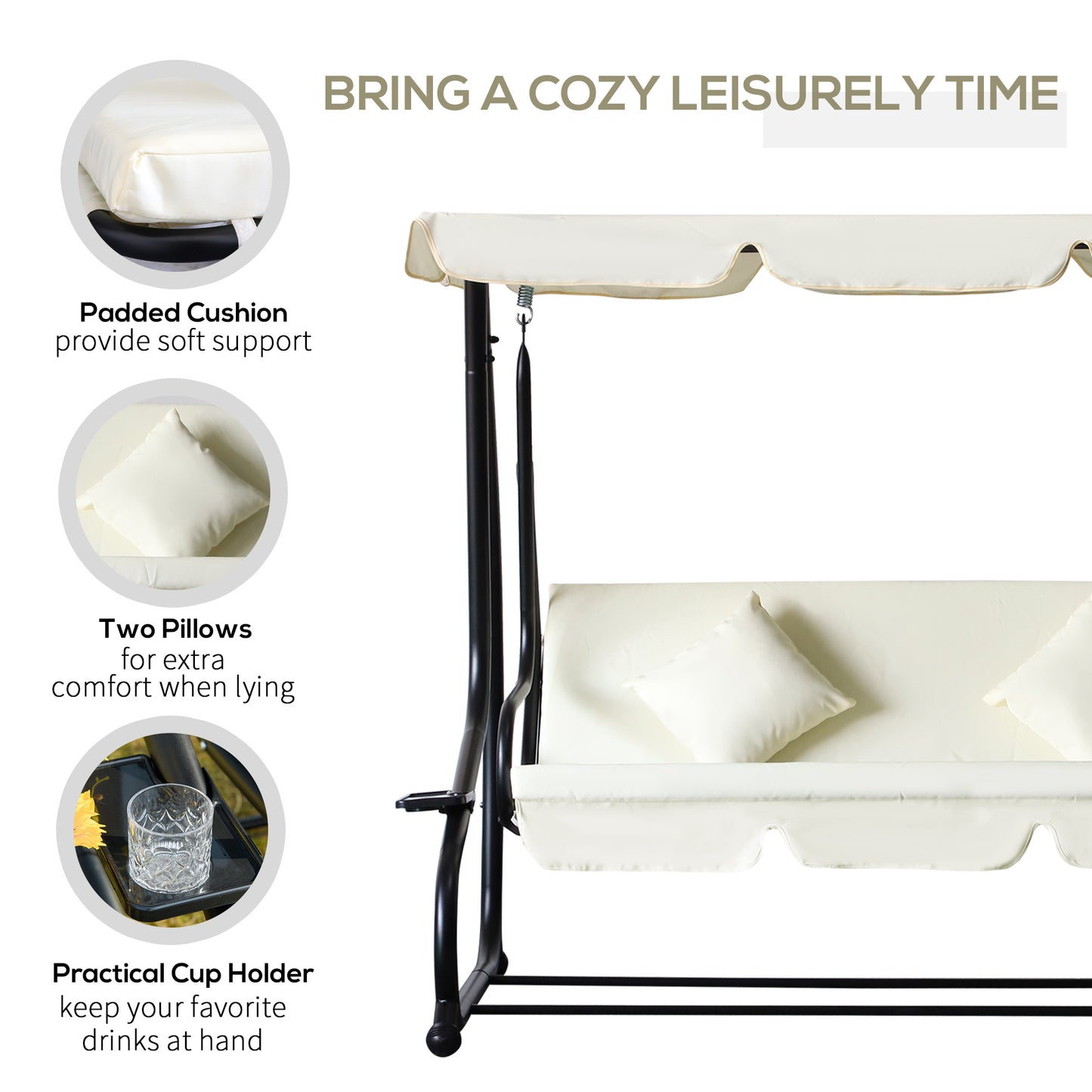 3 Seater Patio Swing Chair Convertible Cushioned Bed Outdoor Porch Backyard with Canopy and Pillow Cream White Kids Crystal