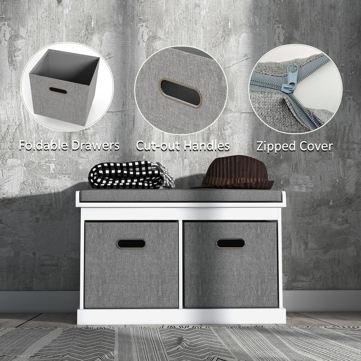 Shoe Storage Entryway Bench Seat with Cushion 2 Fabric Drawers for Hallway White Kids Crystal