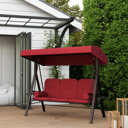 Outdoor Patio 3-Person Steel Canopy Cushioned Seat Bench Swing with Included Side Trays & Padded Comfort, Wine Red