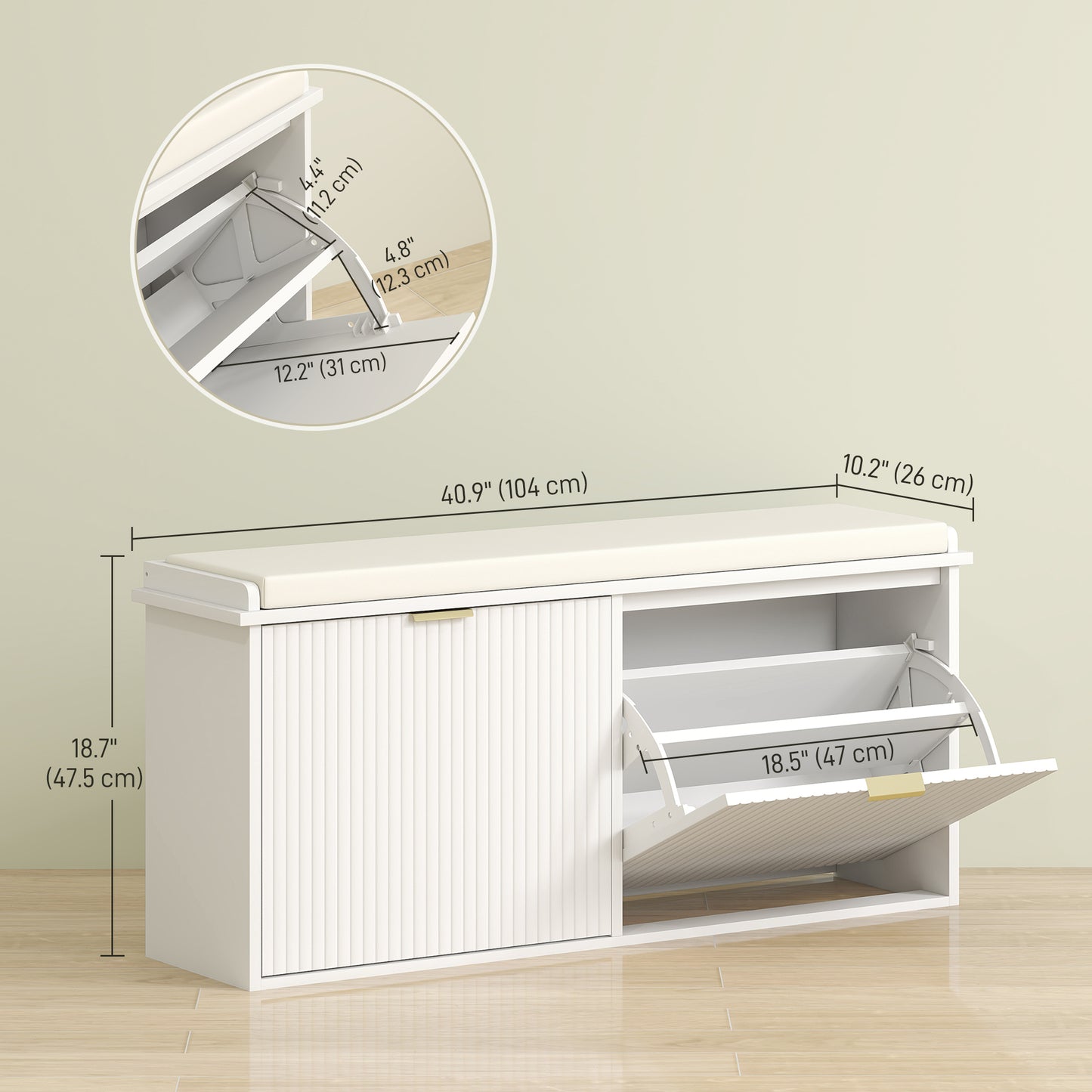 Entryway Bench with Padded Seat and Flip-Drawers, Holds up to 529lbs, Shoe Storage Bench for 10 Pairs of Shoes, White Kids Crystal