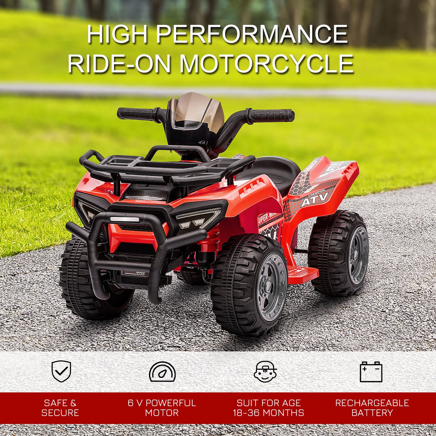 Ride-On ATV: 6V Battery Powered, Quad Bike, Headlights, For 18-36 Months, Red, Toddler Ride-On Kids Crystal