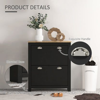 Entryway Shoe Storage Cabinet: 2 Flip Drawers, Adjustable Shelves, 12 Pair Organizer for Hallway, Black
