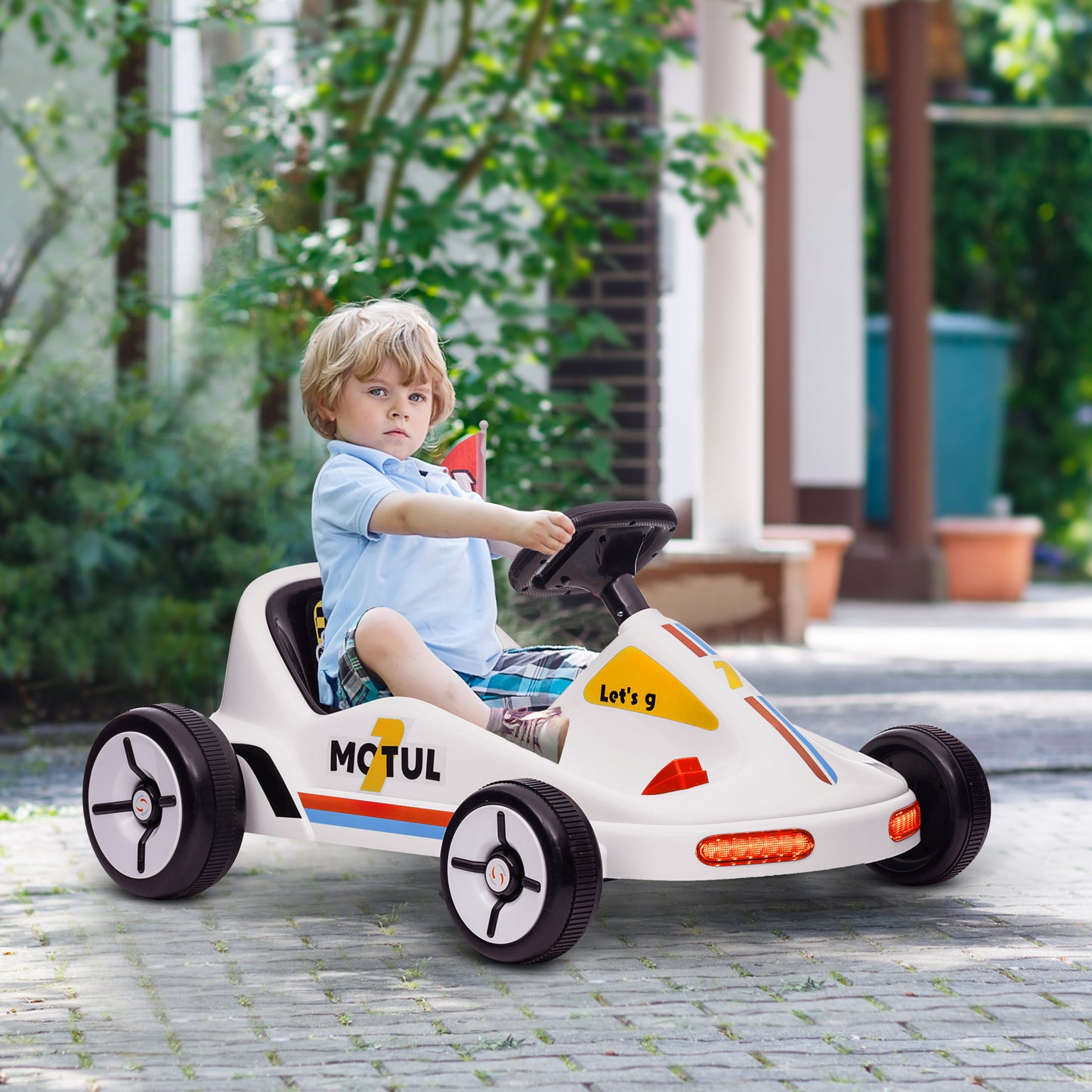 6V Electric Go Kart for Aged 3-5 Kids with Music, Light, Horn, White Kids Crystal
