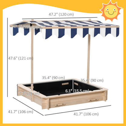 Wooden Sandbox for Kids with Adjustable Canopy and Convertible Bench, Outdoor Playset - Sand