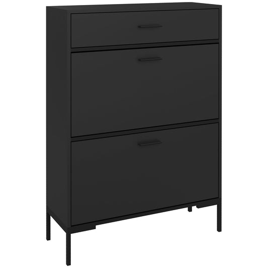 Modern Shoe Cabinet Storage 12 Pair Shoe Organizer with 2 Flip Doors Drawer and Adjustable Shelf Black Kids Crystal