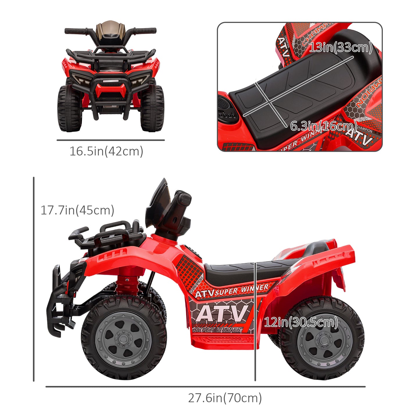Ride-On ATV: 6V Battery Powered, Quad Bike, Headlights, For 18-36 Months, Red, Toddler Ride-On Kids Crystal