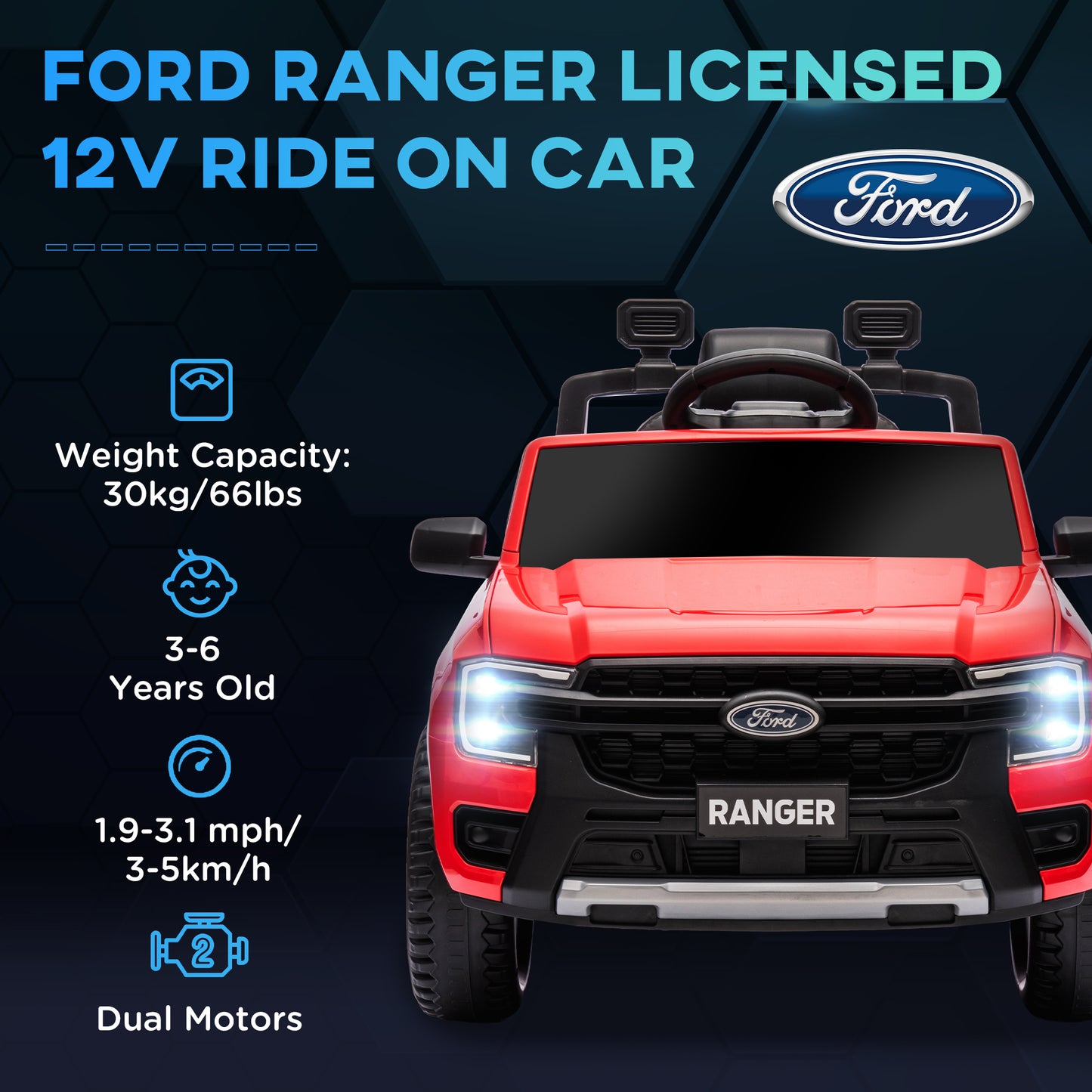 Ford Ranger Licensed 12V Ride on Car Battery Powered Kids Truck w/ Rear Storage Remote, Spring Suspension, Red Kids Crystal
