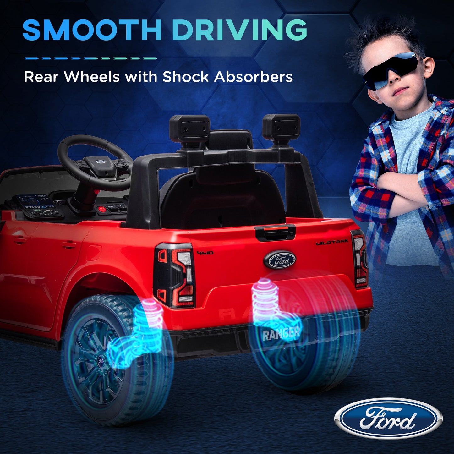 Ford Ranger Licensed 12V Ride on Car Battery Powered Kids Truck w/ Rear Storage Remote, Spring Suspension, Red Kids Crystal