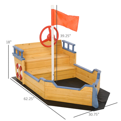 Pirate Ship Sandbox Wooden Outdoor Playset for Kids Backyard Play Station Bench Seat Storage Flag