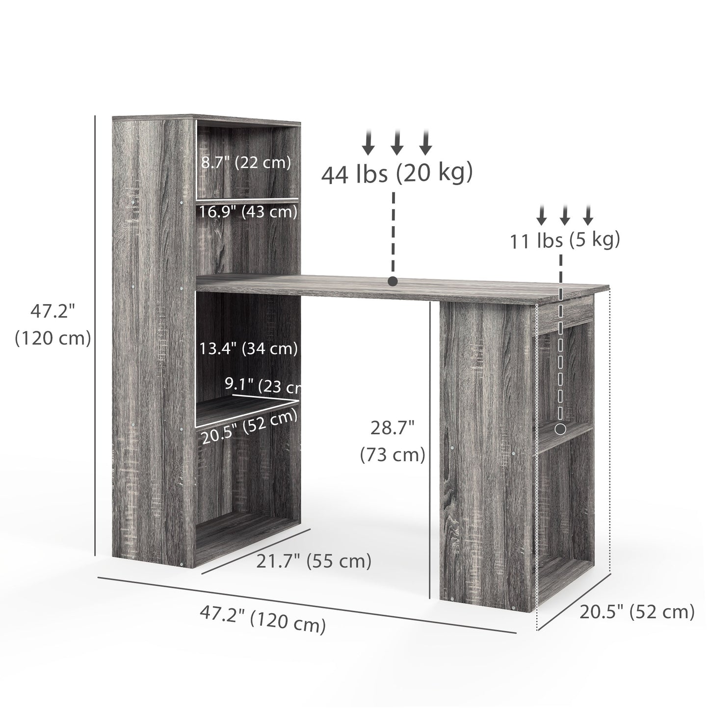 Computer Desk with Storage Bookshelf for Home Office Study Workstation Space Saving Furniture Grey Kids Crystal