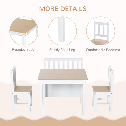4-Piece Kids Wood Table Chair Bench Set: With Storage, Easy Clean, Natural/White Gift for Age 3+