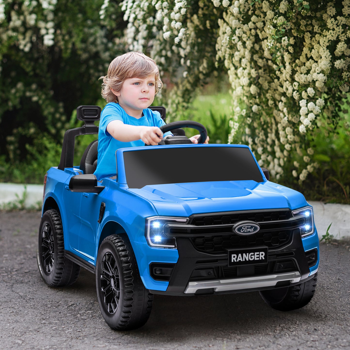 Ford Ranger Licensed 12V Ride on Car Battery Powered Kids Truck w/ Rear Storage Remote, Spring Suspension, Blue Kids Crystal