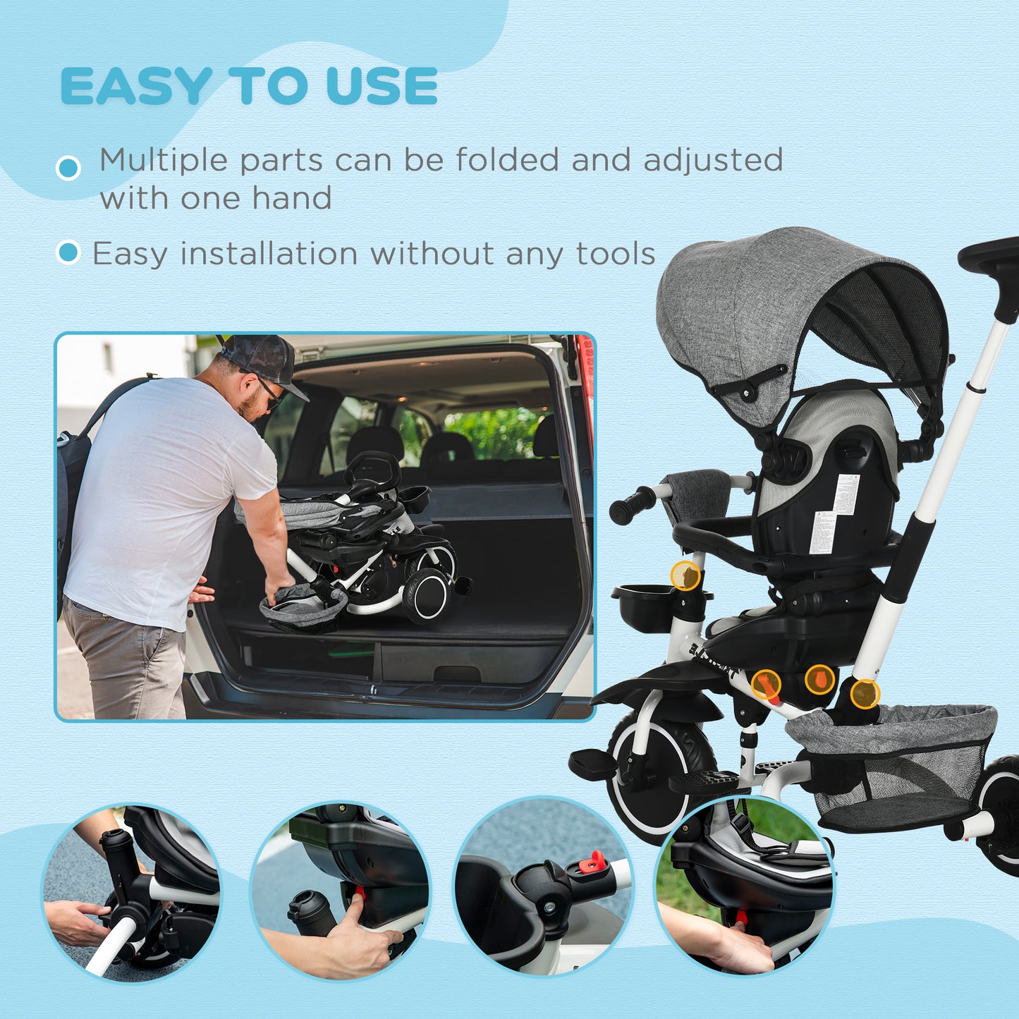 7-in-1 Toddler Tricycle, Kids Trike with Rotatable Seat, Adjustable Push Handle, Safety Harness, Detachable Canopy, Footrest Kids Crystal