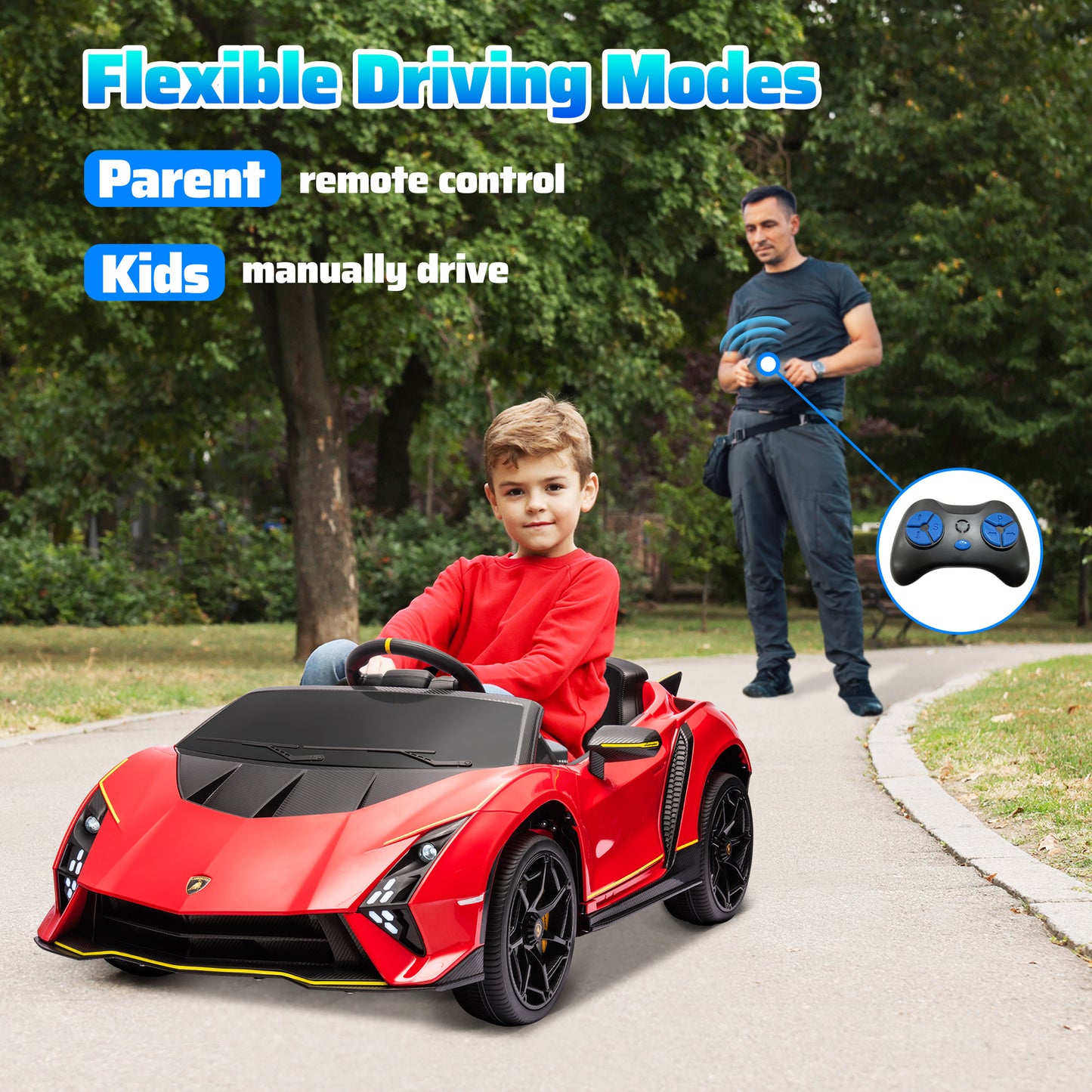 12V Lamborghini Autentica Licensed Kids Car with Remote Control, 4 Wheels Spring Suspension, Soft Start, Red Kids Crystal