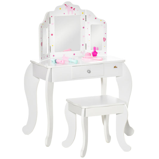 Girls Vanity Set Stool Dressing Table Tri-Fold Mirror Drawer Star Heart Design Makeup Desk White Kids Crystal