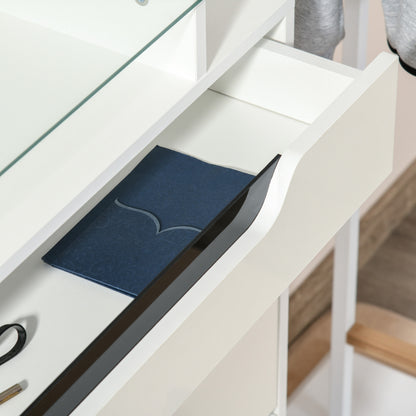 High Gloss Shoe Cabinet with 2 Flip Drawers and Adjustable Shelves, Narrow Shoe Storage Cabinet with Glass Top, White