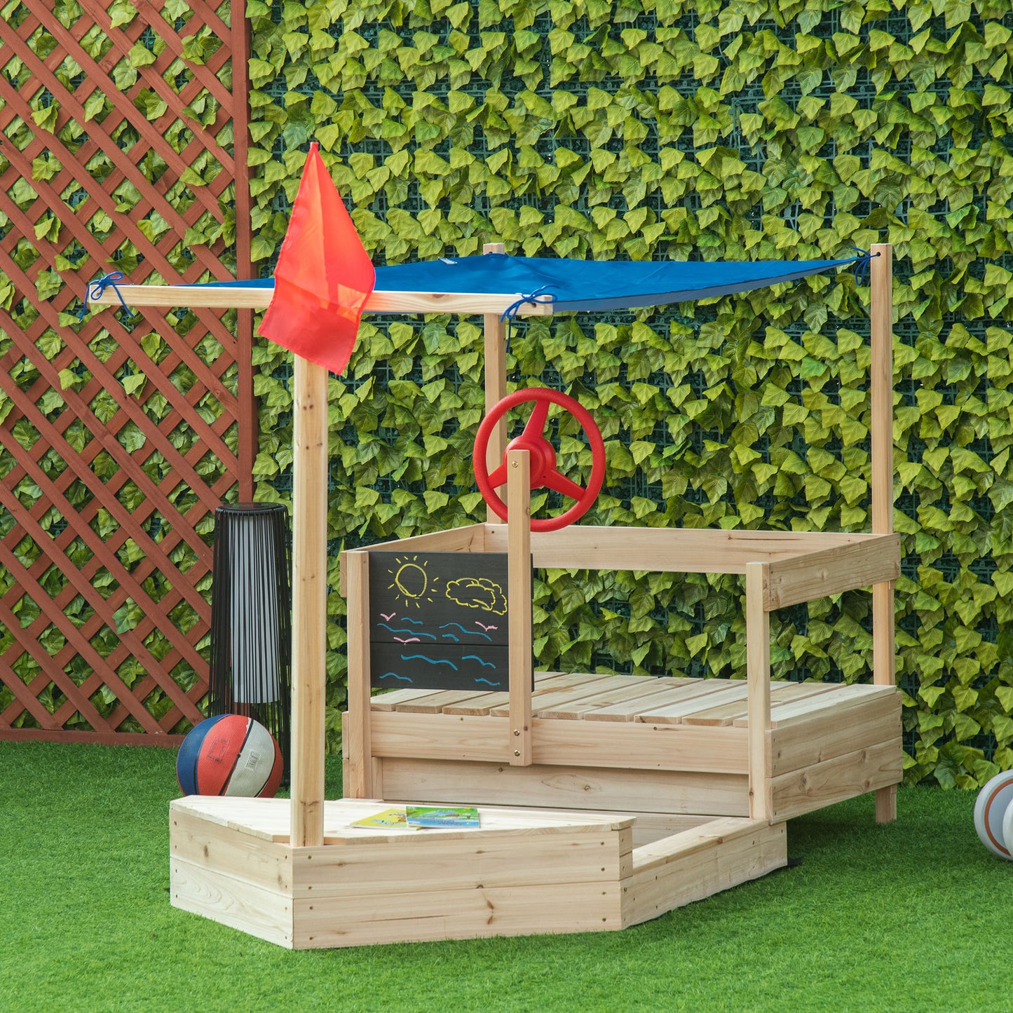 Wooden Sandbox for Kids Outdoor Sand Boat with Cover Foldable Play Station Natural Wood Finish Kids Crystal
