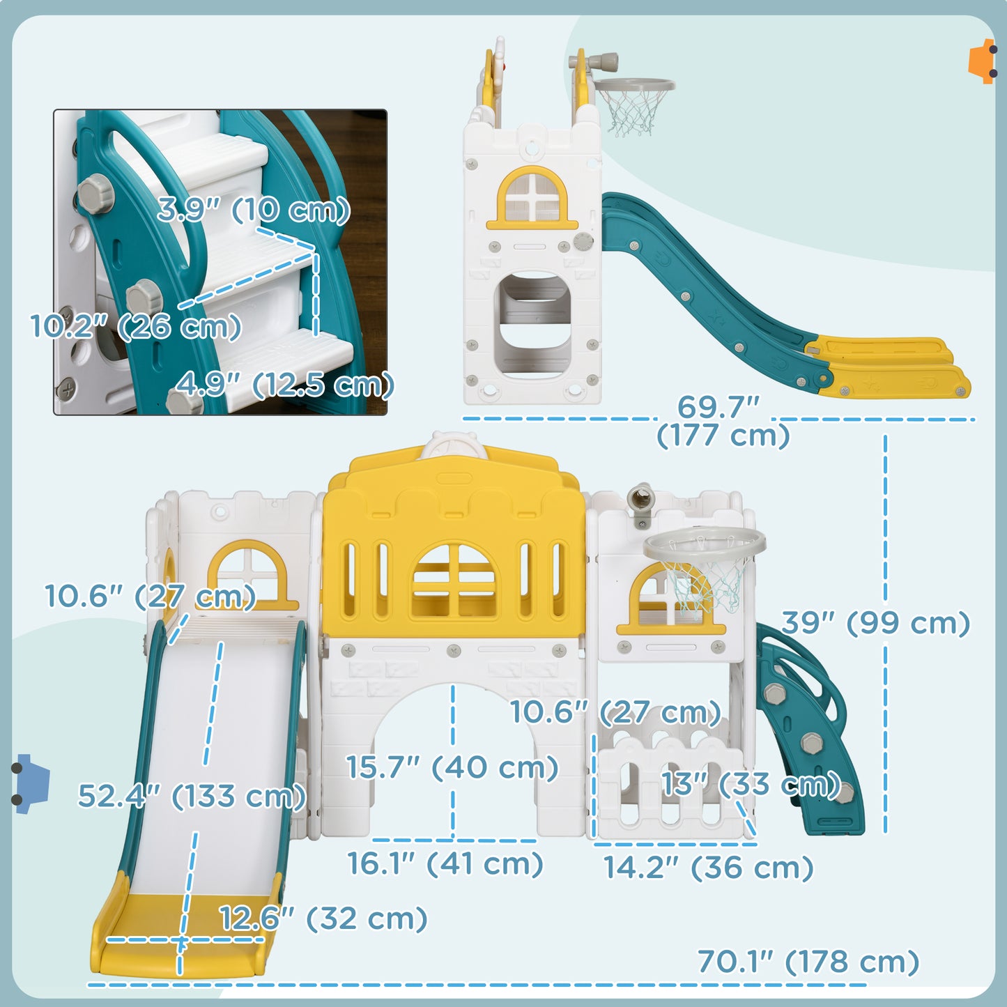 7 in 1 Toddler Slide with Basketball Hoop, Climber, Telescope, Tunnel, Steering Wheel, for 1-3 Years, Yellow Kids Crystal