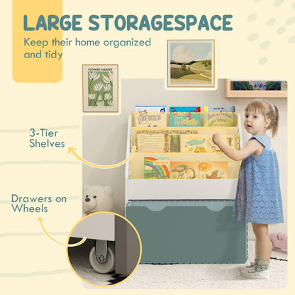 Kids Bookshelf with 3 Tier Display Shelves, Drawer for Nursery, Grey