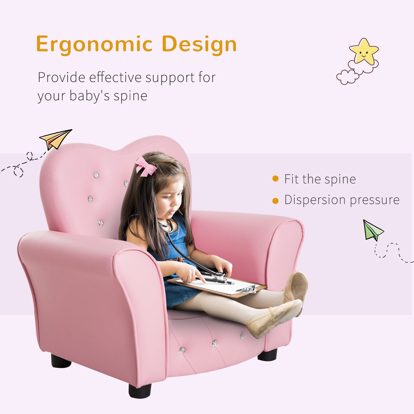 Kids Mini Princess Sofa Chair Toddler Children Upholstered Tufted Armchair Activity Couch Reclining Seat Boys Girls Furniture Pink Kids Crystal