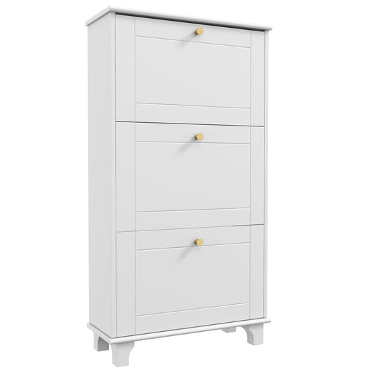 Narrow Shoe Cabinet: 3 Flip Drawers, Adjustable Shelves for 12 Pairs, White Small Space Organizer Kids Crystal