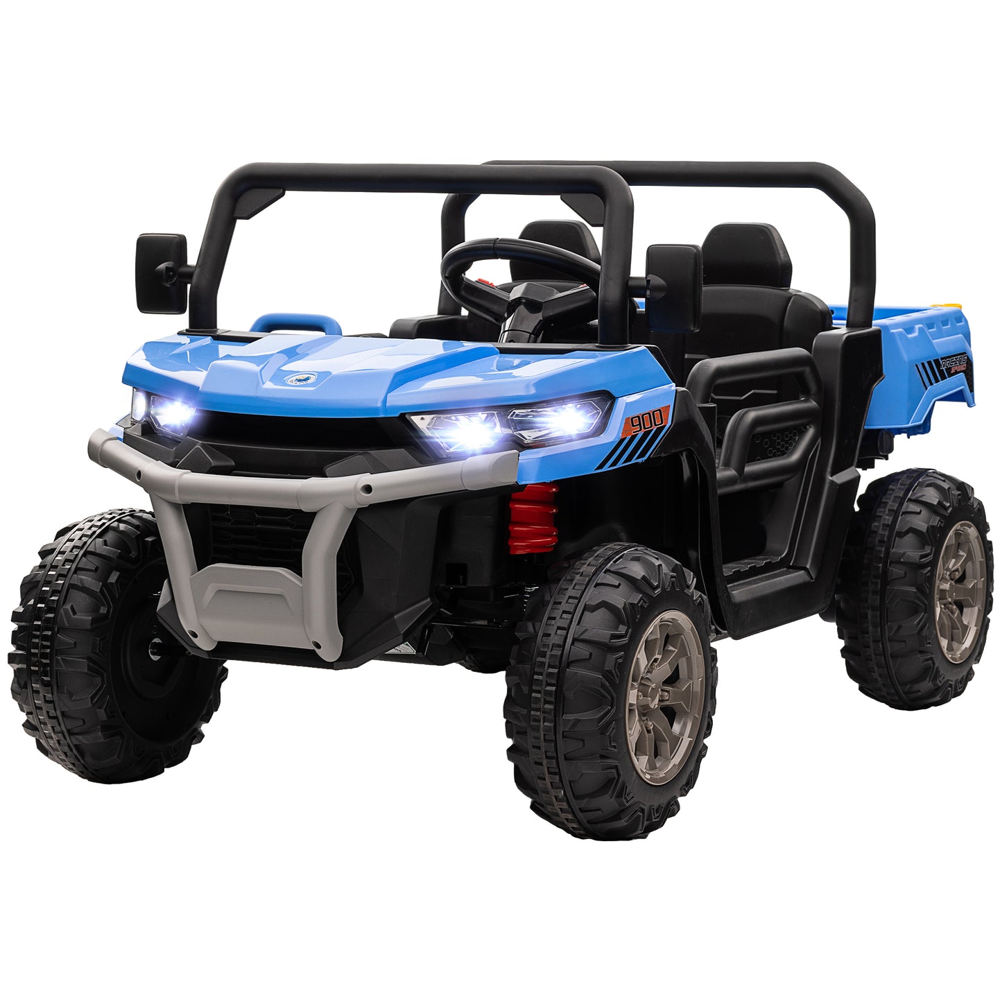 12V Ride-On Car 2-Seater Electric Bucket Shovel Remote Control Spring Suspension Horn Music Blue Kids Crystal