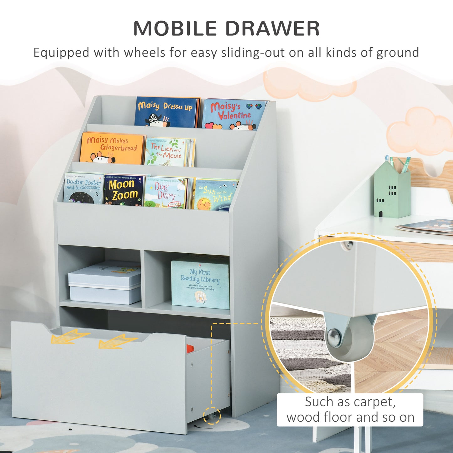 Kids Bookcase Multi Shelf Rack Organizer Storage Drawer Reading Nook Classroom Bedroom Playroom Grey Kids Crystal