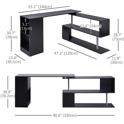 55&" Black Corner Computer Desk - 360° Rotating L-Shaped Workstation with 3-Tier Shelves &amp; Bookshelf