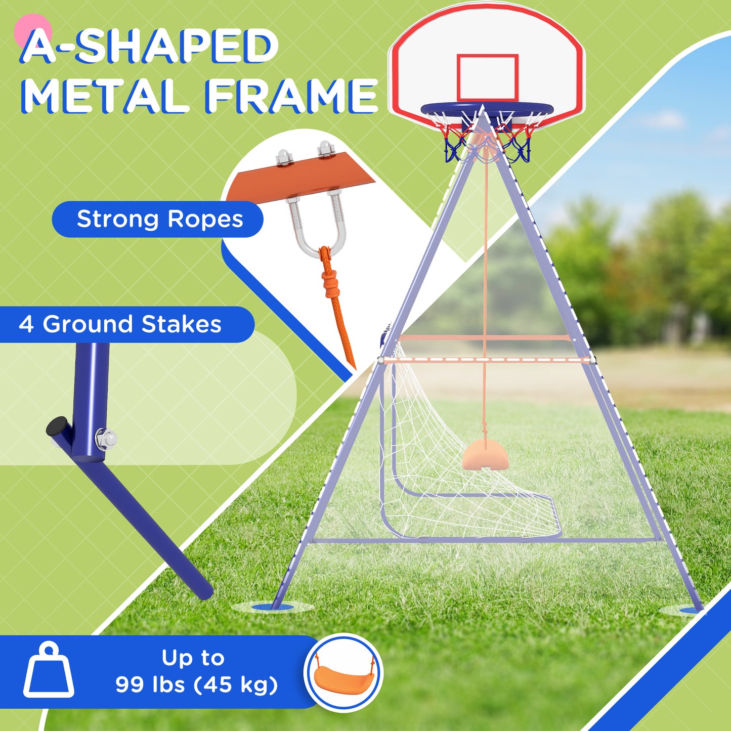 Outdoor Kids Swing Set with Seat, Basketball Hoop, Football Goal, Secure Ground Stakes for Ages 3-8 Kids Crystal