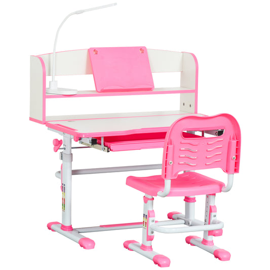 Kids Adjustable Desk and Chair Set with LED Light Bookshelf Drawer for Student Study Pink Kids Crystal